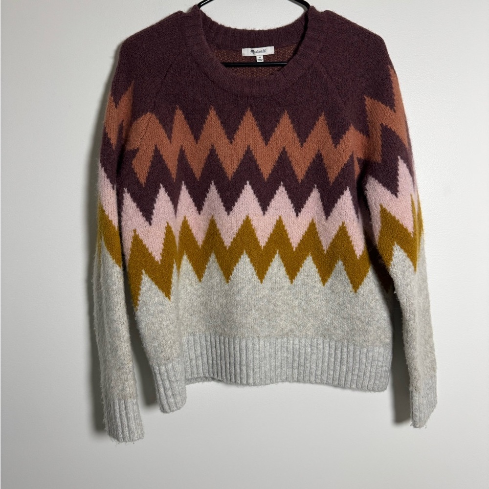 Madewell Chevron Sweater XS Cozy Fuzzy Knit Brown Tan Fall
